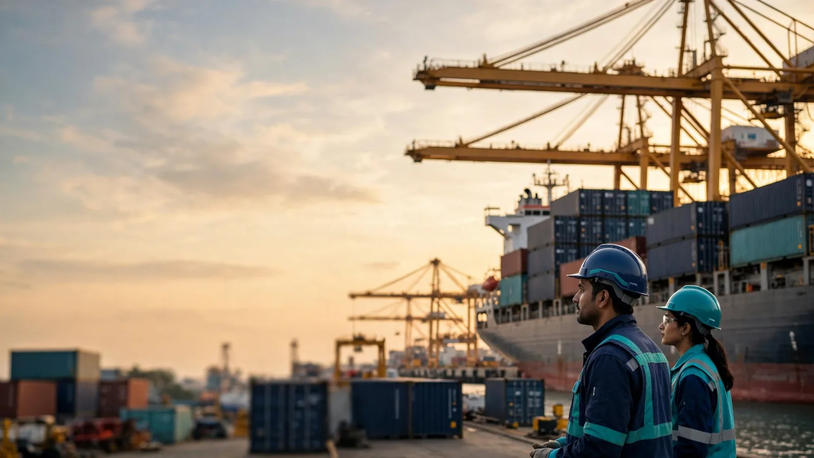 What Does a CIF Price Include – a container ship being loaded by gantry cranes at Chittagong port at golden hour