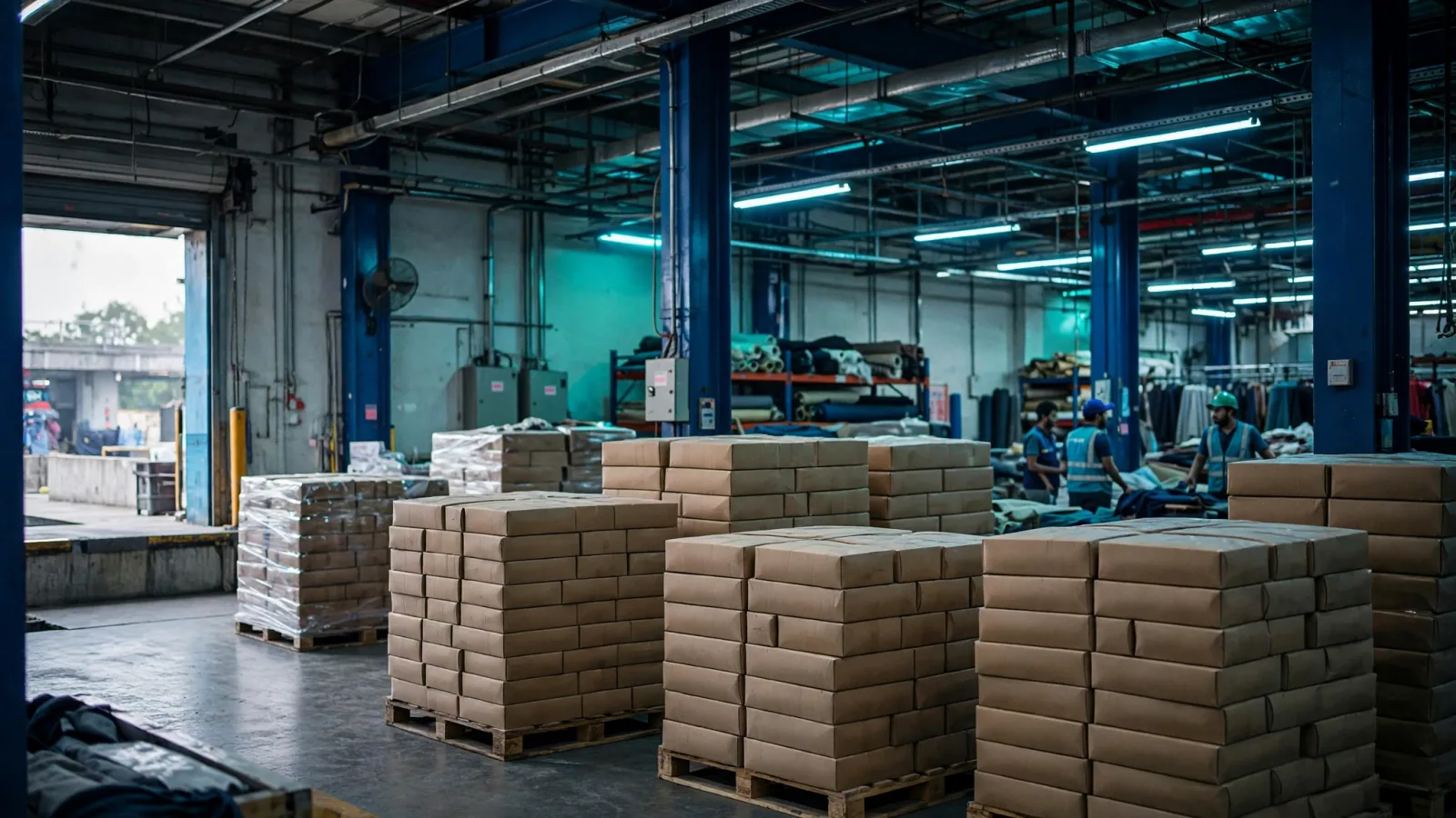 Factory warehouse in Bangladesh with packed export cartons ready for buyer collection under Ex Works terms