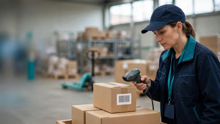 Harmonized System Tariff Code – a customs officer scanning a barcode on export cartons in a modern warehouse
