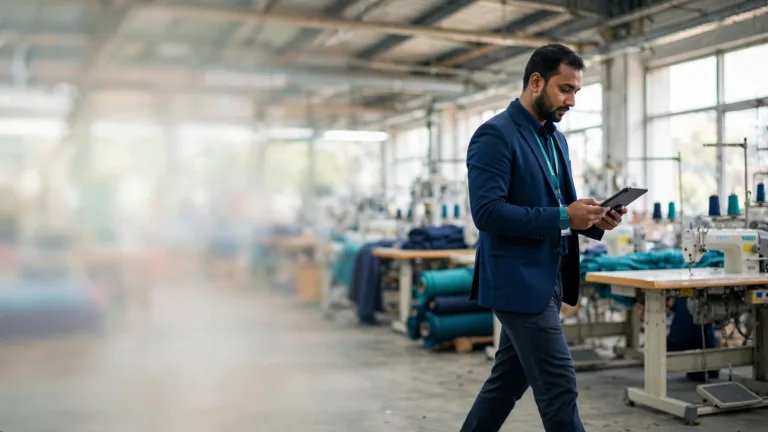 Frozen Seafood Exporter Bangladesh – a sourcing manager walking through a modern Bangladeshi factory floor with a tablet