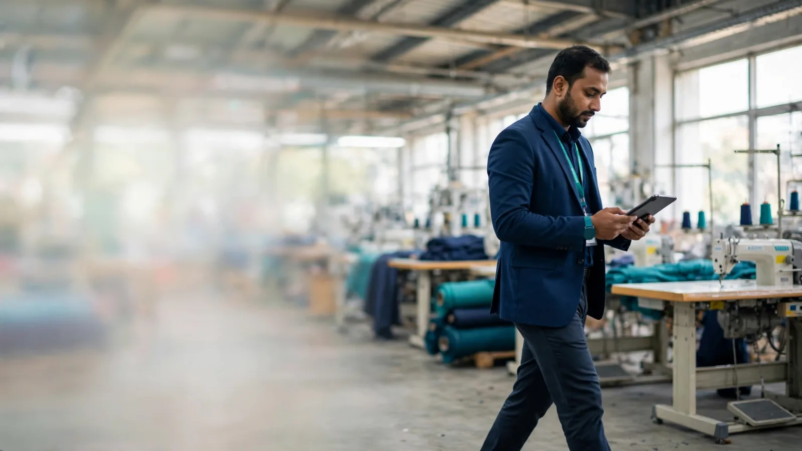 Frozen Seafood Exporter Bangladesh – a sourcing manager walking through a modern Bangladeshi factory floor with a tablet