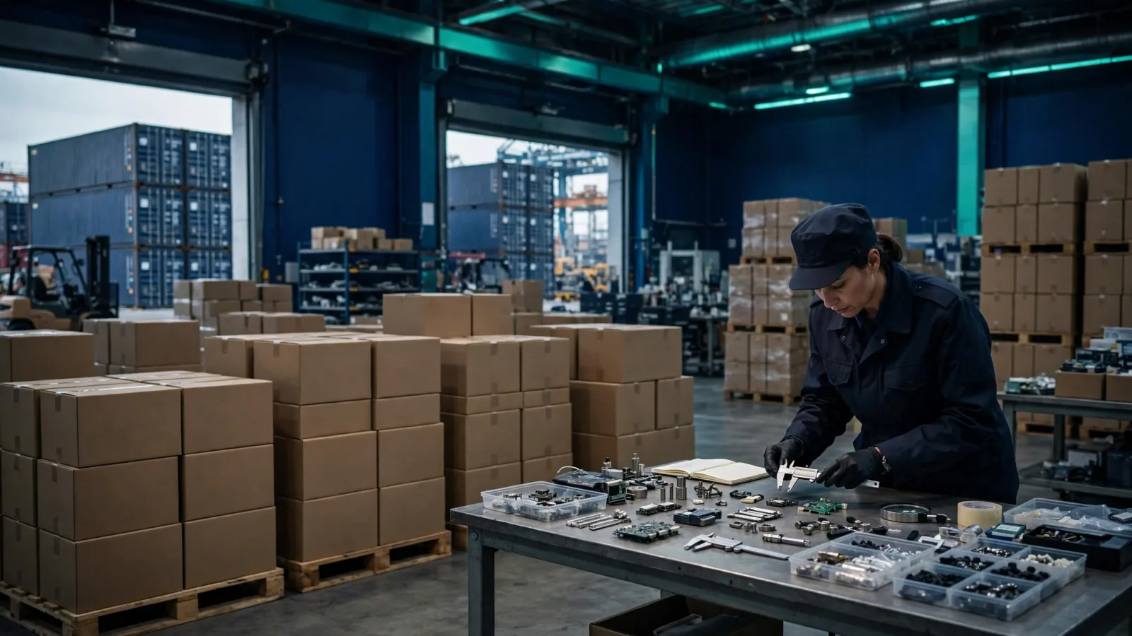 Customs officer inspecting export cartons in a warehouse, illustrating HS code classification for international trade