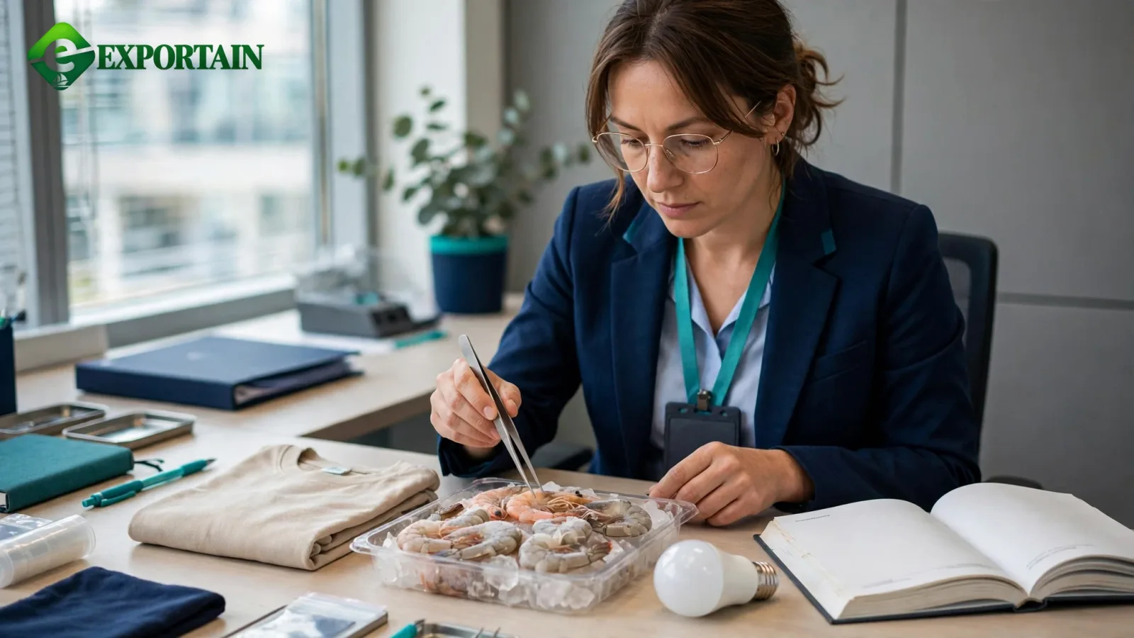 Customs specialist reviewing textile, seafood and lighting samples by a tariff reference to find the HS code for each product