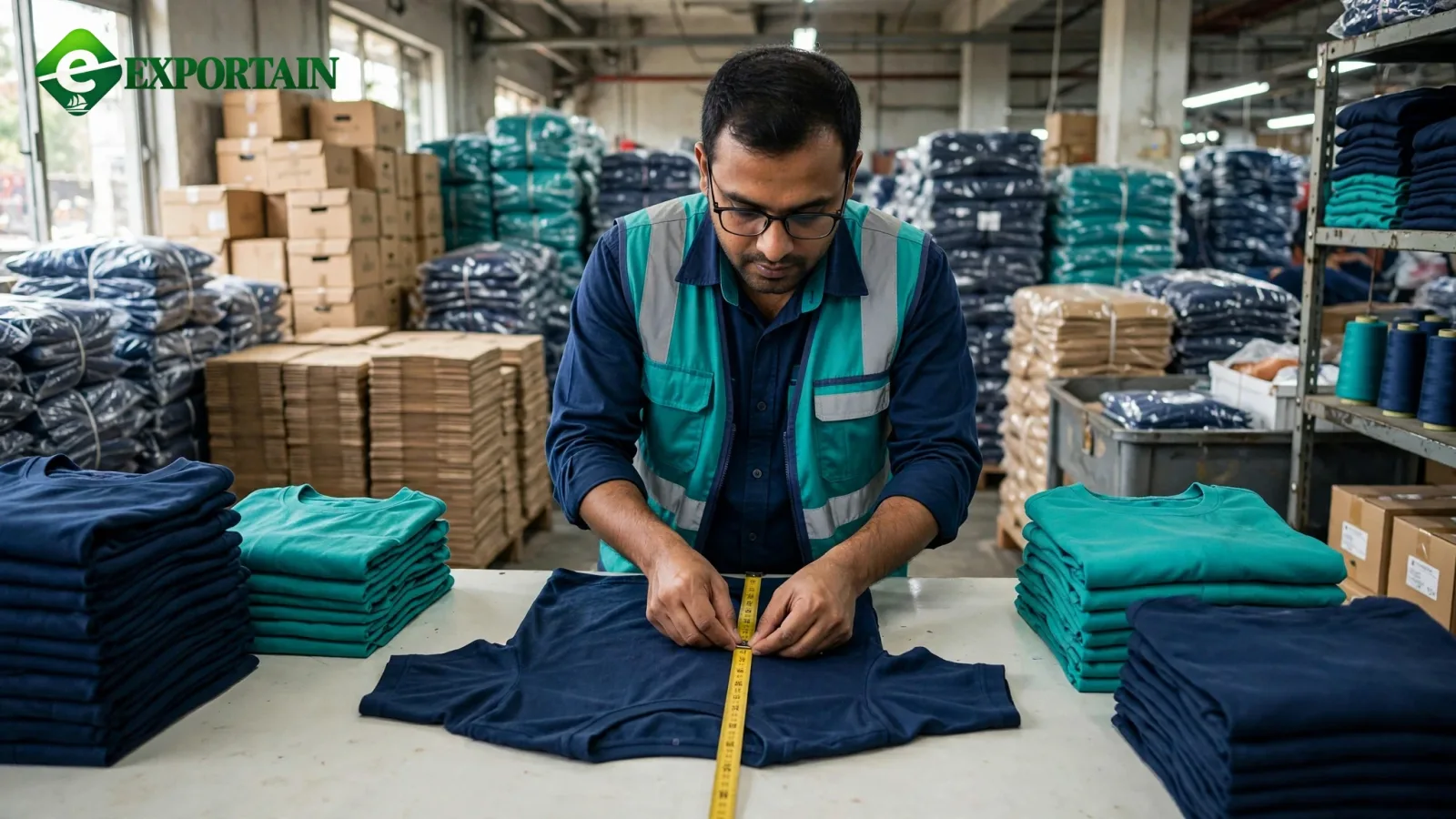 Quality inspector examining garments on a table during an AQL pre-shipment inspection in a Bangladesh factory