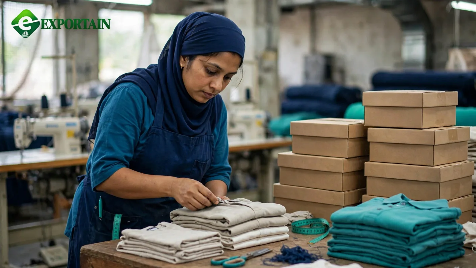 Factory worker checking folded garments beside stacked cartons ready for export from Bangladesh