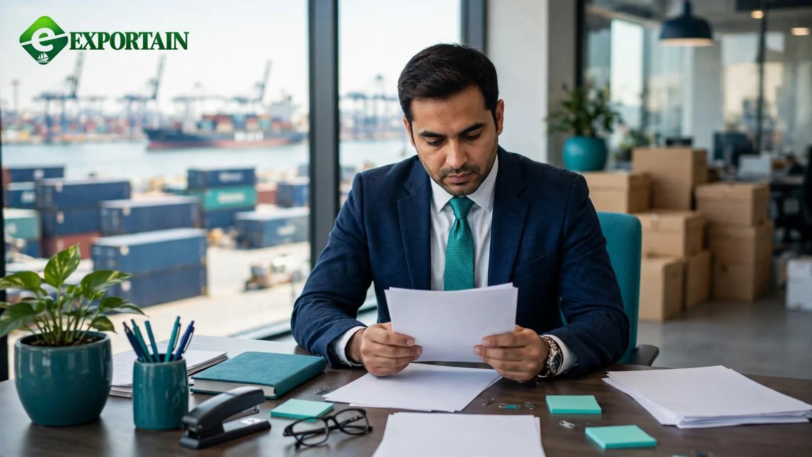 Banker reviewing letter of credit documents for an export shipment from Bangladesh