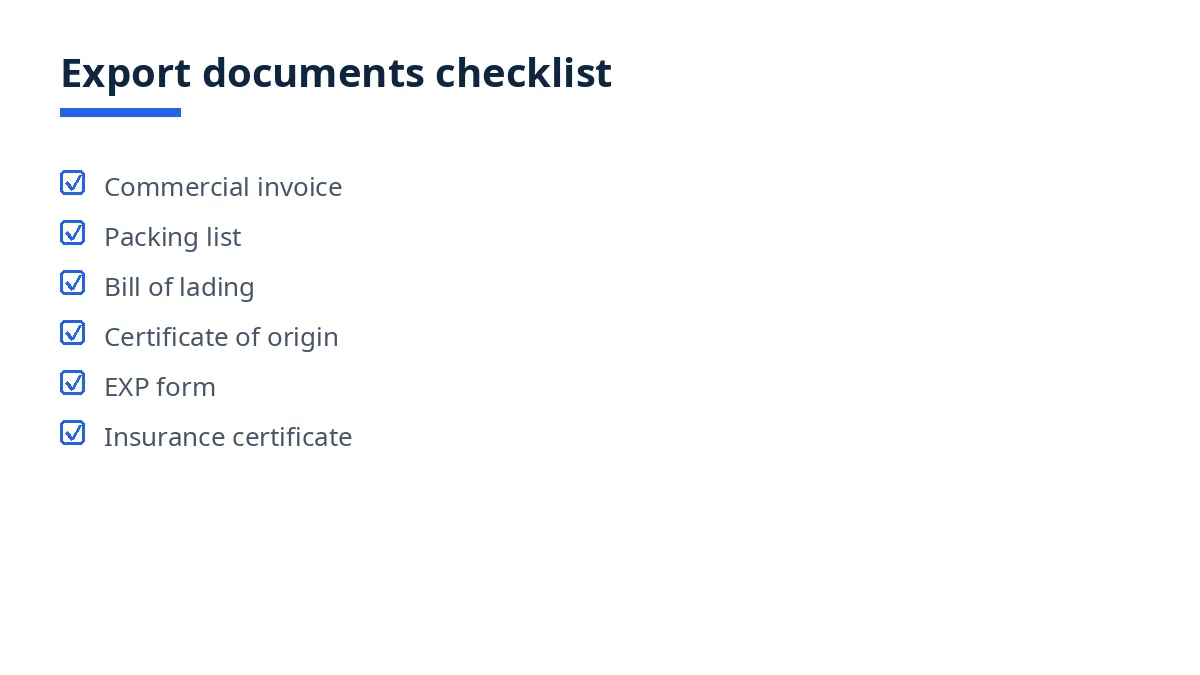 Diagram: export documents checklist with invoice, packing list, bill of lading, origin, EXP form, insurance