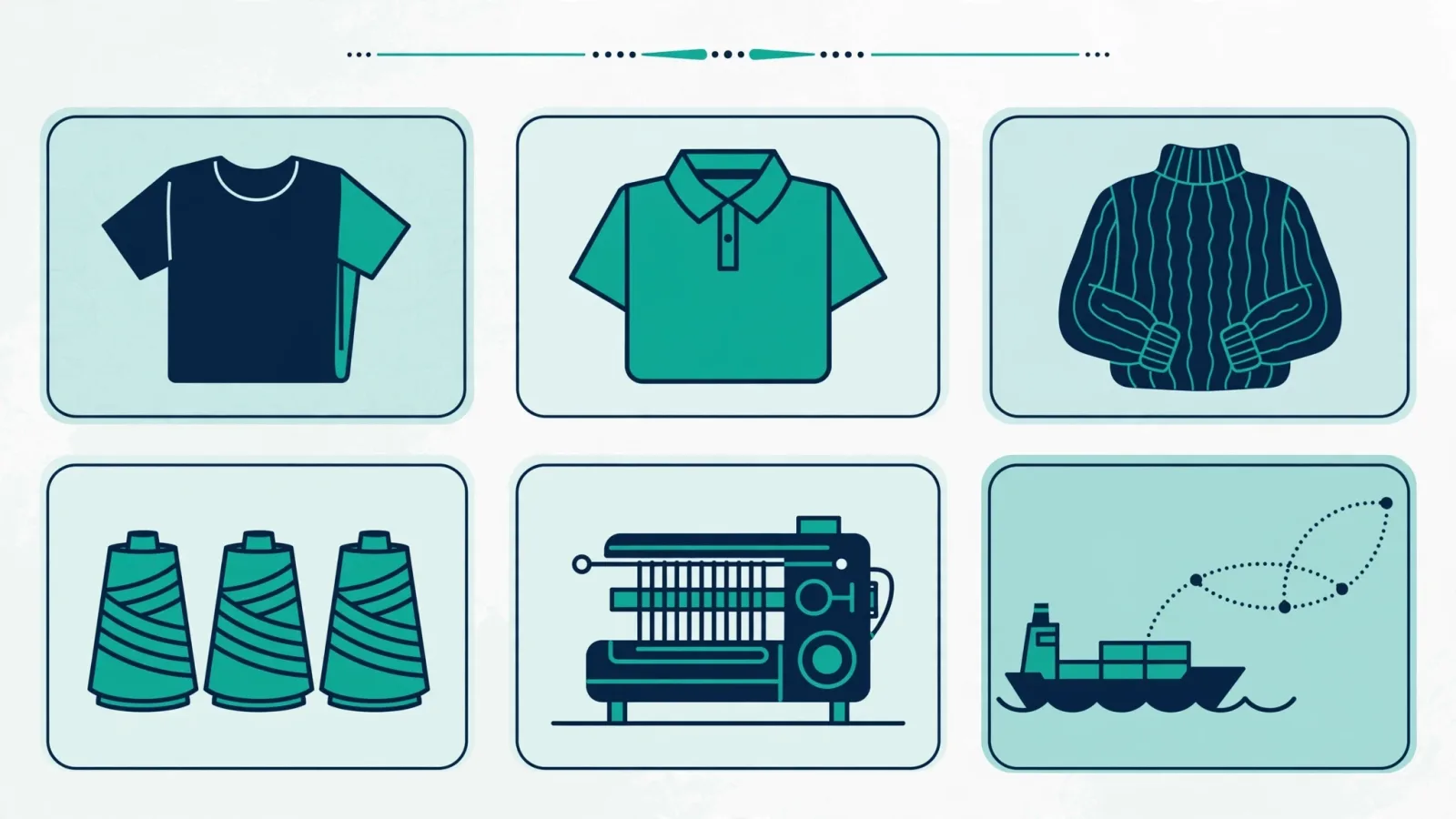 Icons for knitwear products and production: T-shirt, polo shirt, sweater, yarn cones, knitting machine and cargo ship