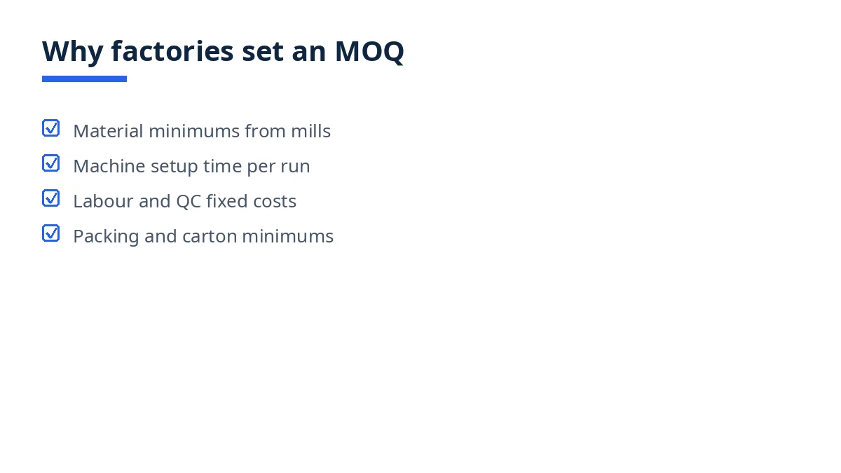 Diagram titled Why factories set an MOQ, listing material, setup, labour and packing minimums