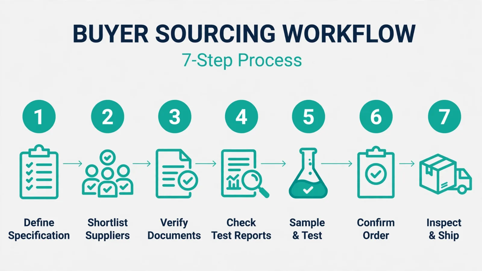 Seven-step buyer sourcing workflow: define specification, shortlist, verify, test, sample, confirm and inspect