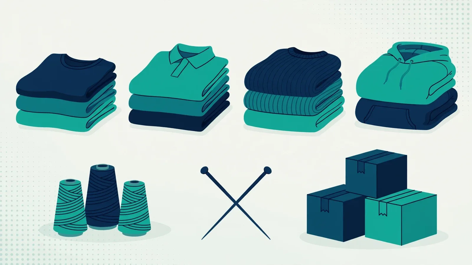 Illustration of folded T-shirts, polo shirts, sweaters and a hoodie, with yarn cones, knitting needles and export cartons