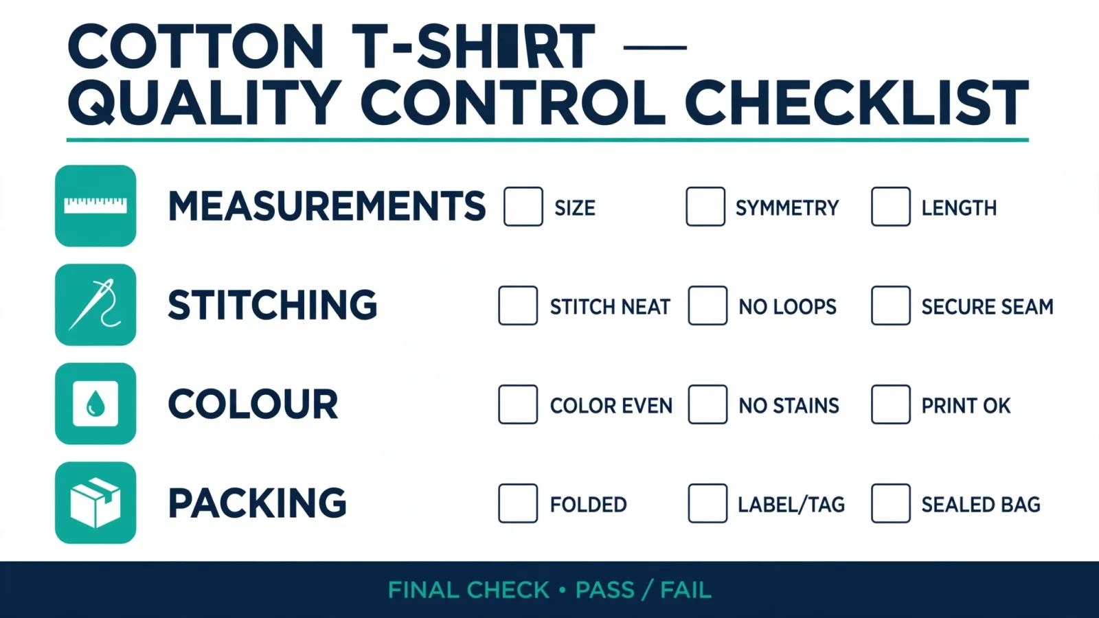 Checklist graphic for cotton T-shirt quality control: measurements, stitching, color and packing