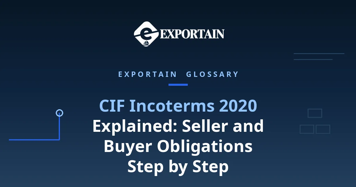 Navy title card: CIF Incoterms 2020 Explained, seller and buyer obligations step by step