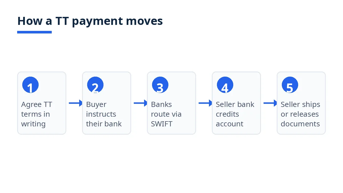 Diagram: five steps of a TT payment, from agreeing terms to the seller shipping or releasing documents