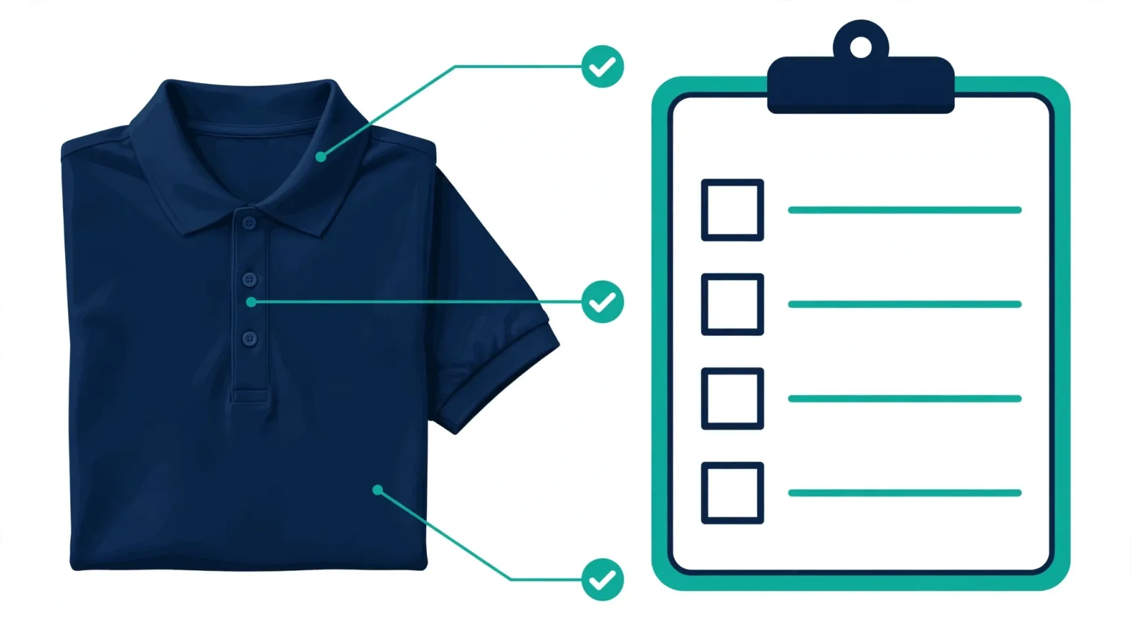 Polo shirt beside a blank checklist with tick marks for collar, placket and body checks