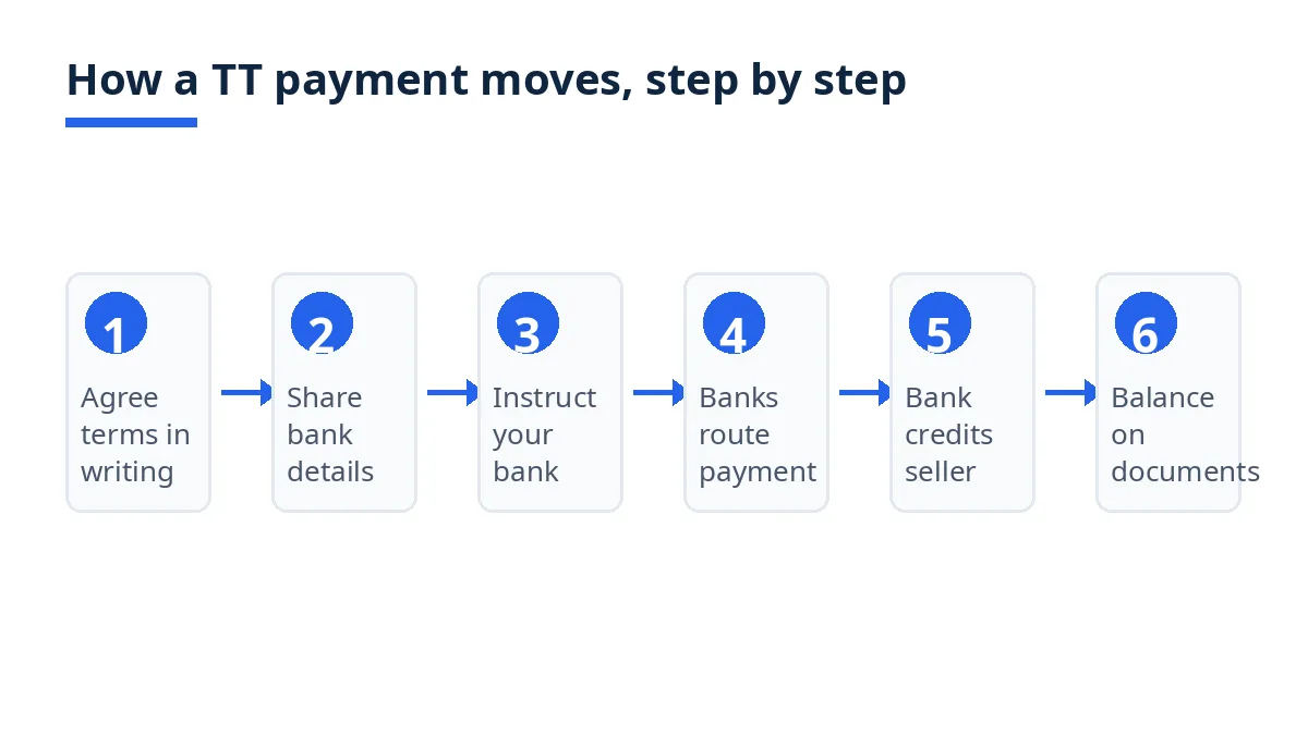 Six-step flow diagram for a TT payment, from agreeing terms to balance against documents
