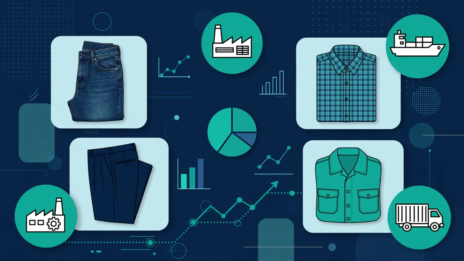 Illustration of denim jeans, woven shirts and trousers with factory and shipping icons