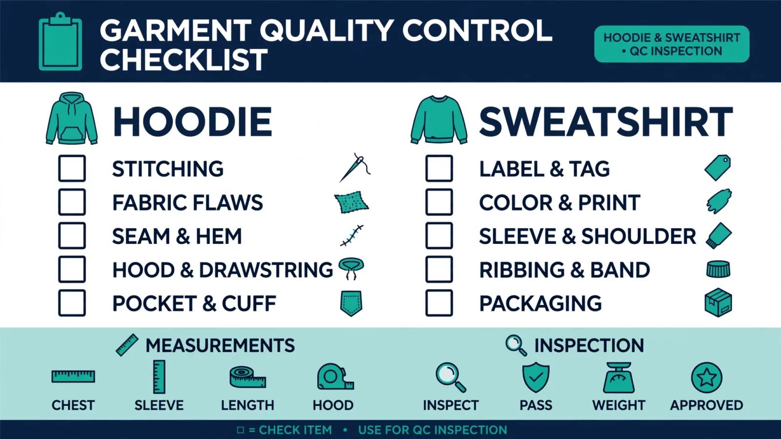 Hoodie and sweatshirt QC checklist graphic with tick boxes for stitching, fabric, labels and packing
