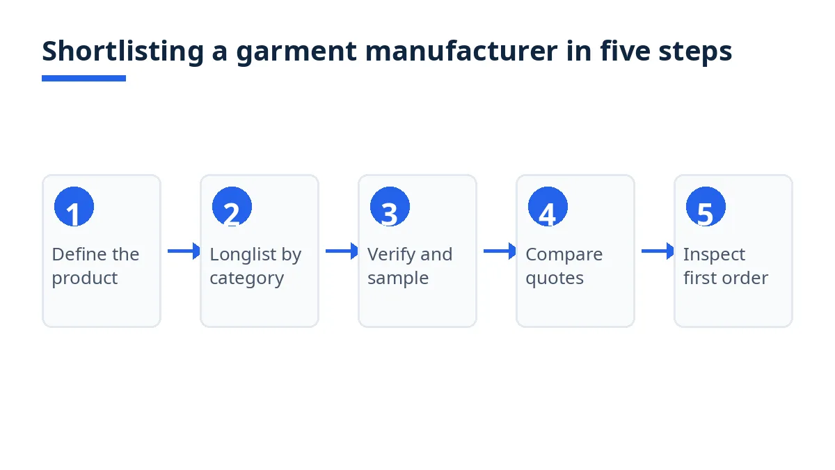 Five-step flow diagram for shortlisting a garment manufacturer in Bangladesh