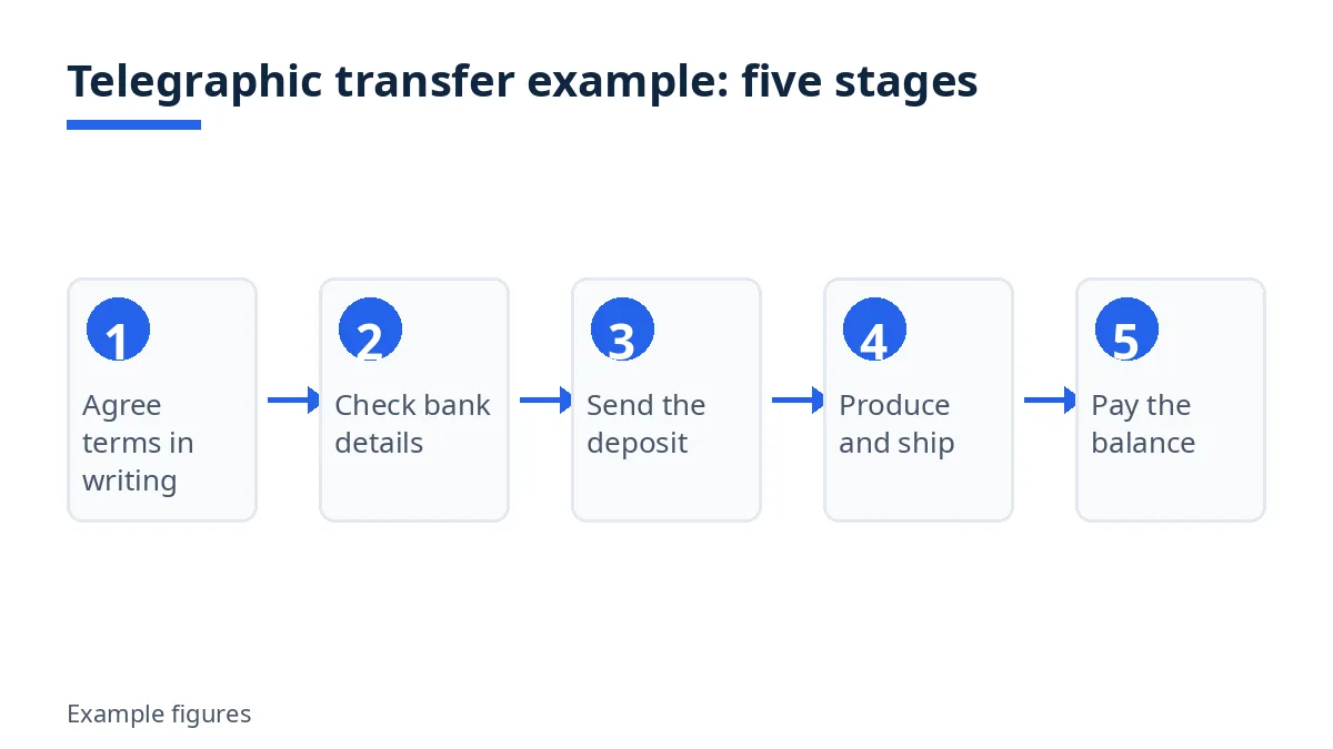 Five-stage flow diagram for a telegraphic transfer example, from payment clause to balance paid against documents