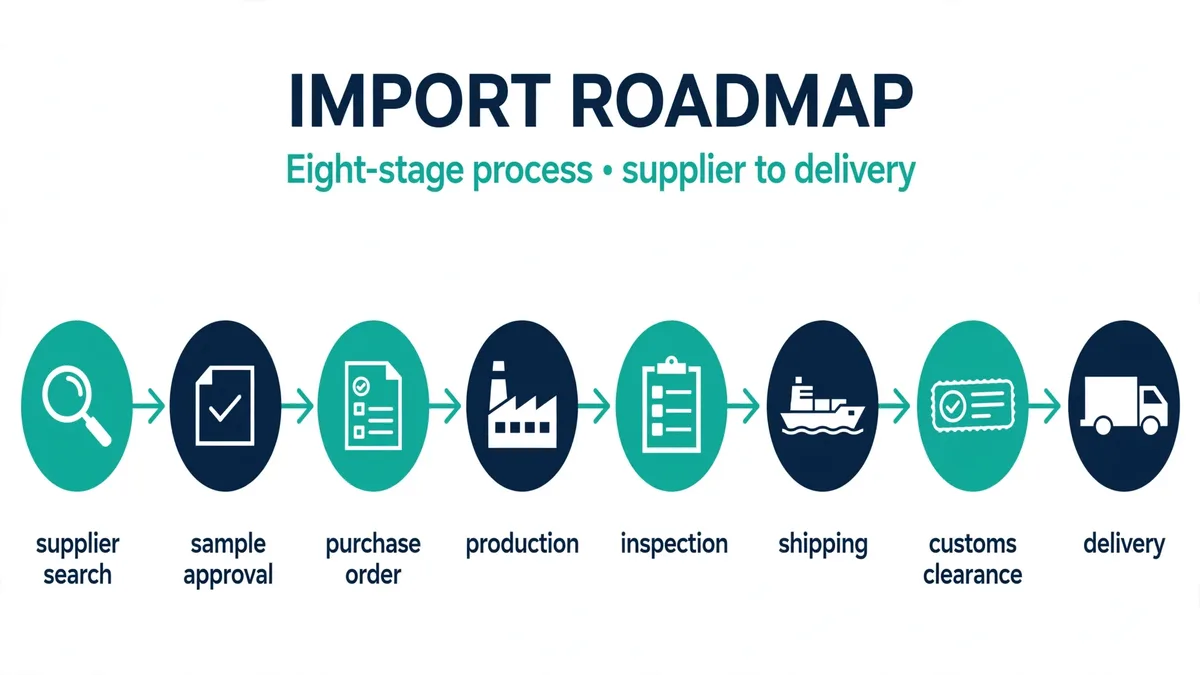 Import roadmap diagram with eight stages from supplier search to delivery
