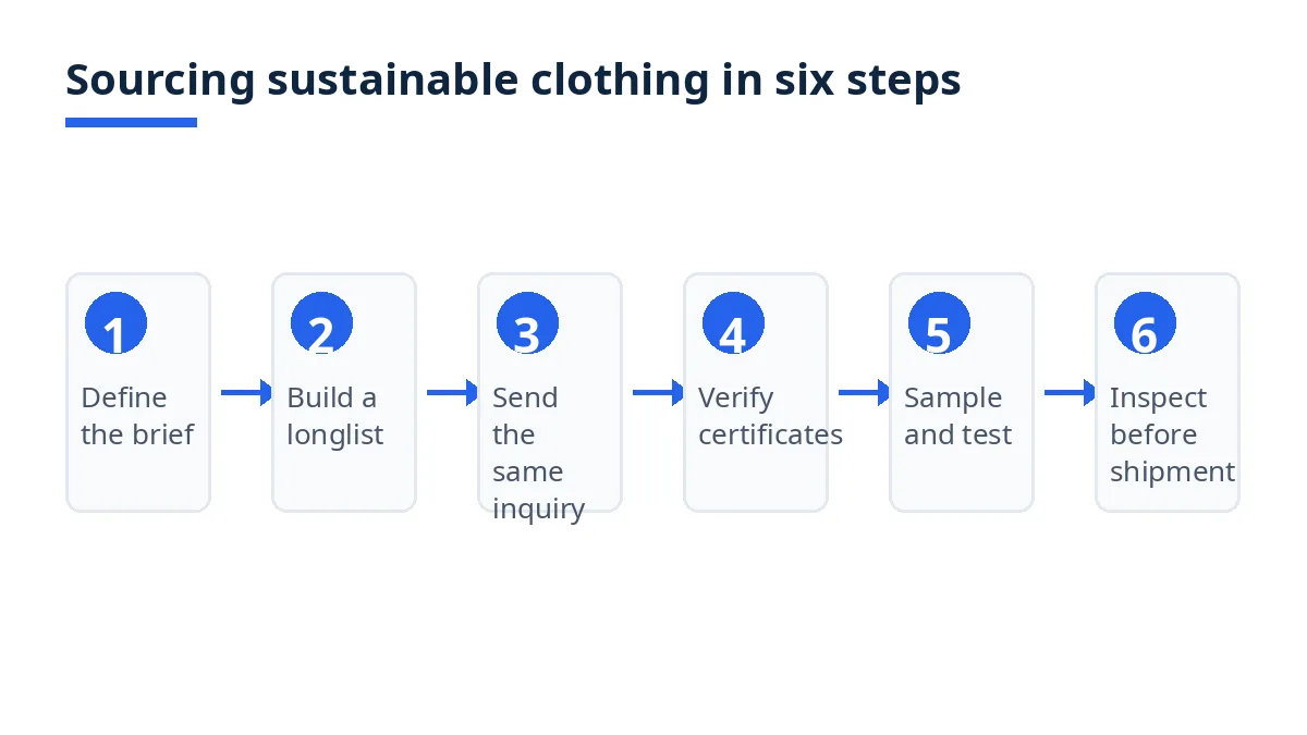 Six-step flow diagram for sourcing sustainable clothing from Bangladesh, from brief to inspection