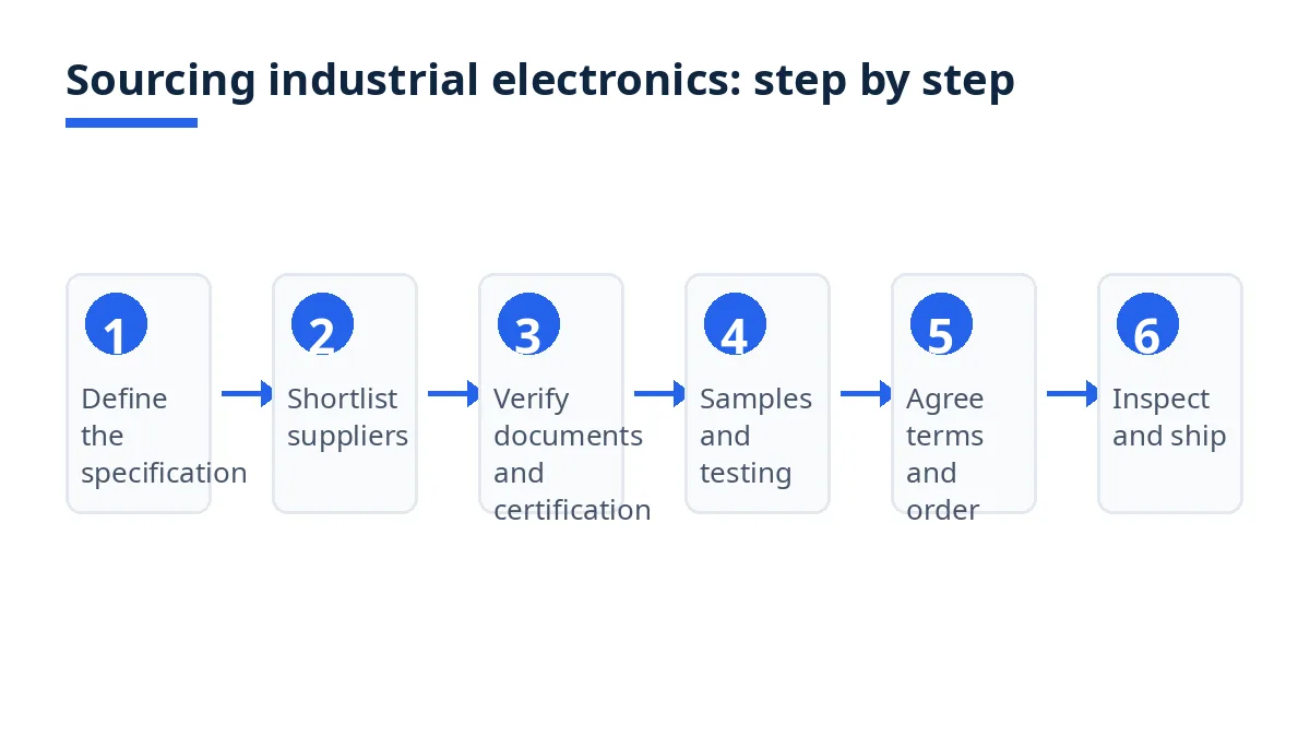Six-step diagram for sourcing industrial electronics, from specification to inspection and shipment