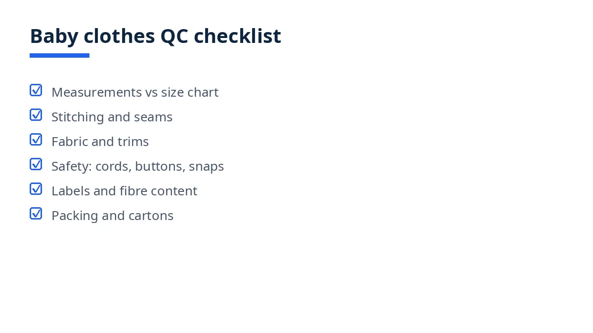 Diagram of the baby clothes QC checklist with six blocks, from measurements to packing and cartons