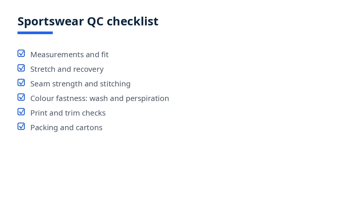 Diagram of the sportswear QC checklist with six blocks, from measurements and fit to packing and cartons