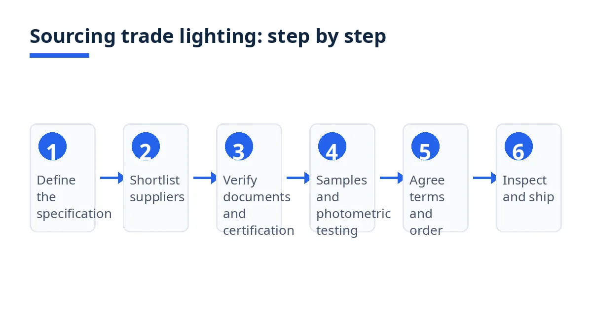 Six-step diagram for sourcing trade lighting, from specification to inspection and shipment