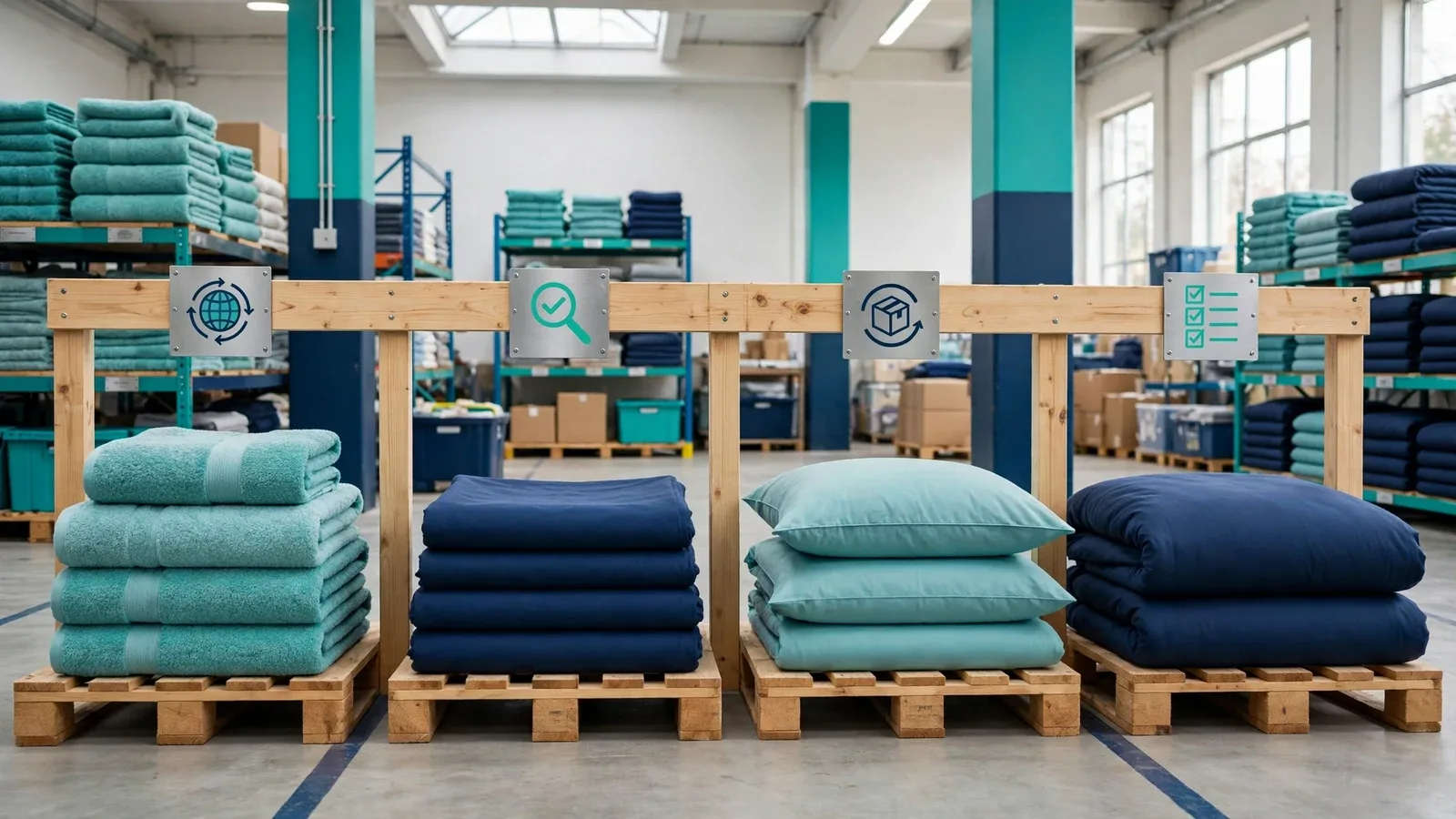 Folded terry towels, bed linen and pillows on pallets in a home textiles warehouse
