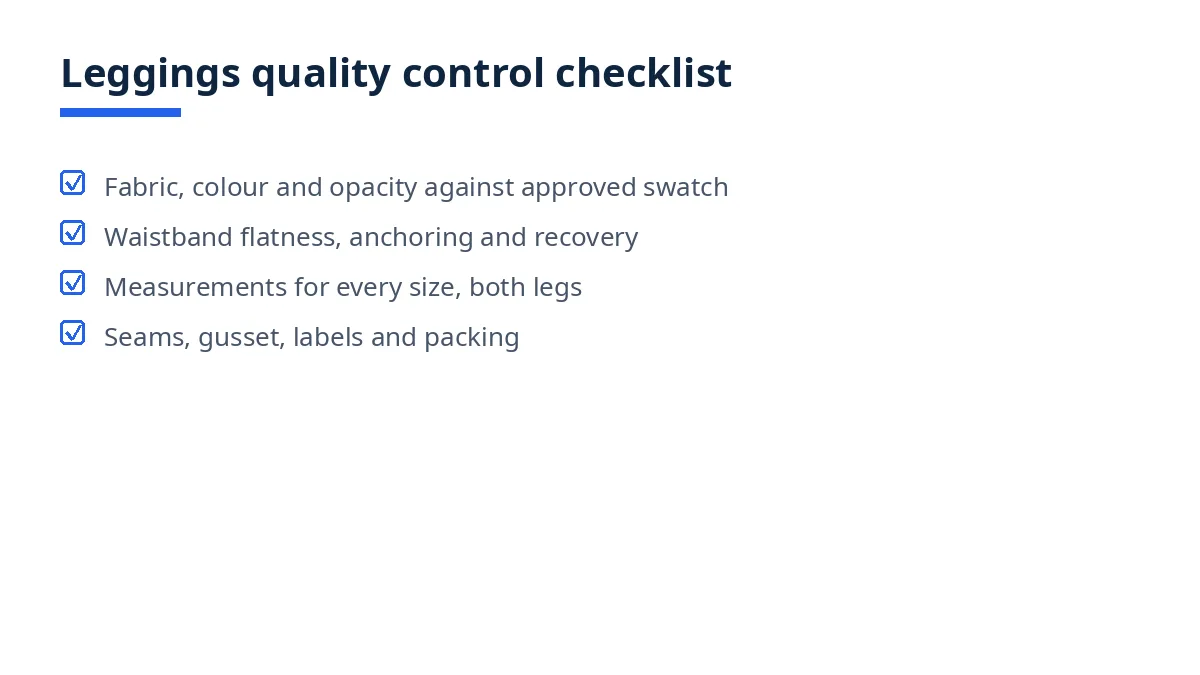 Leggings quality control checklist graphic with tick boxes for fabric, waistband, measuring and packing