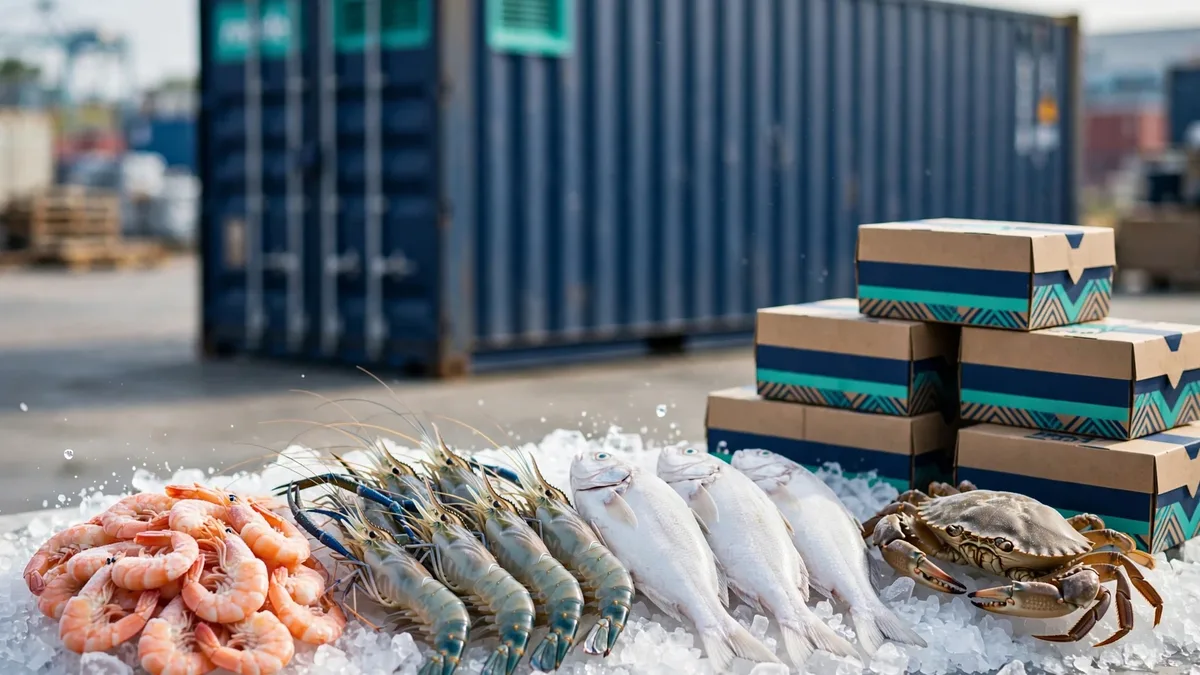 Shrimp, prawns, white fish and crab on ice beside export cartons and a shipping container