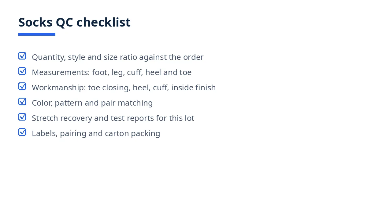 Socks quality control checklist graphic with tick boxes for measurements, workmanship, color and packing