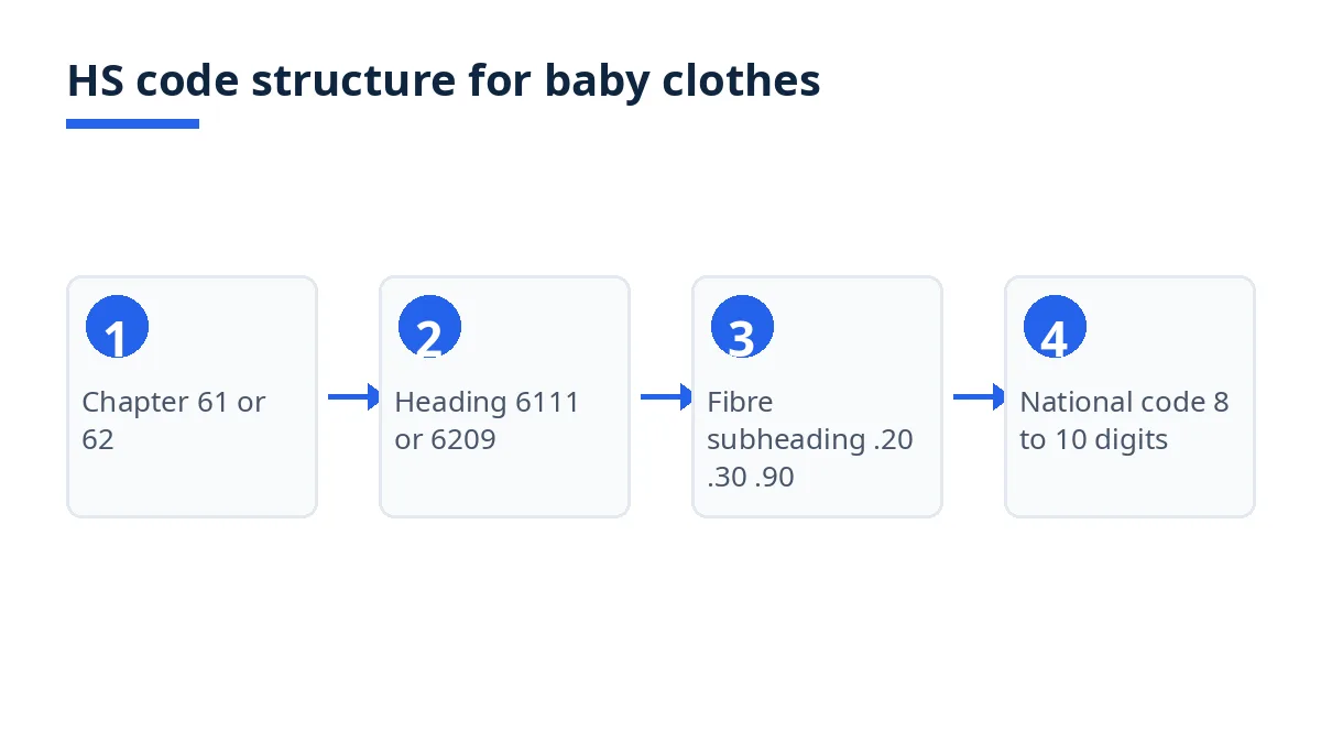 Diagram: HS code levels from chapter 61 or 62 to heading 6111 or 6209, fibre subheading and national code