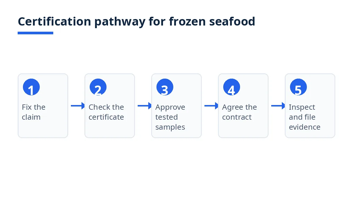 Diagram: certification pathway for frozen seafood from Bangladesh, from claim to filed evidence