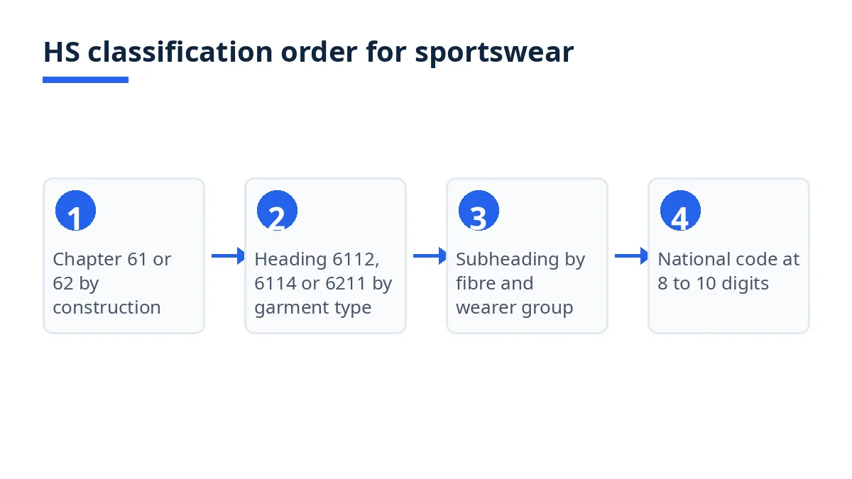 Diagram: HS classification order for sportswear, from chapter to heading, subheading and national code