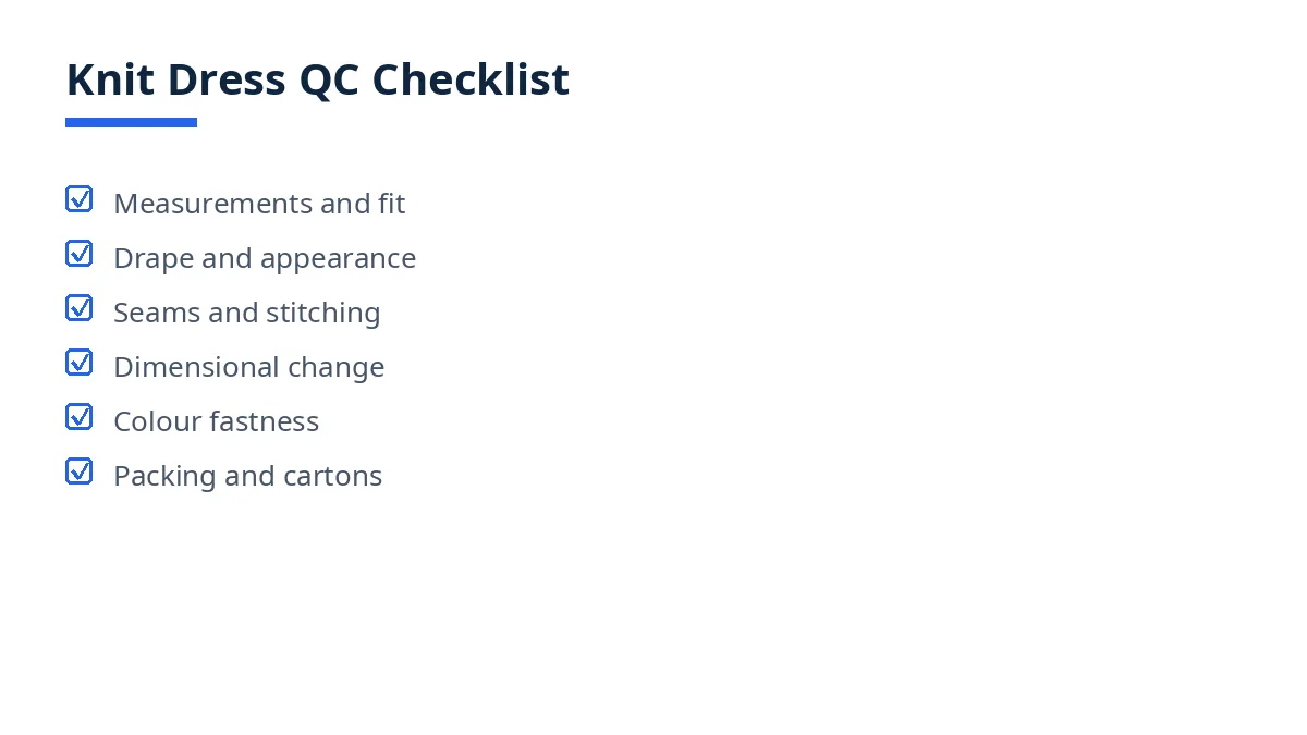 Diagram of the knit dress QC checklist with six blocks, from measurements and fit to packing and cartons