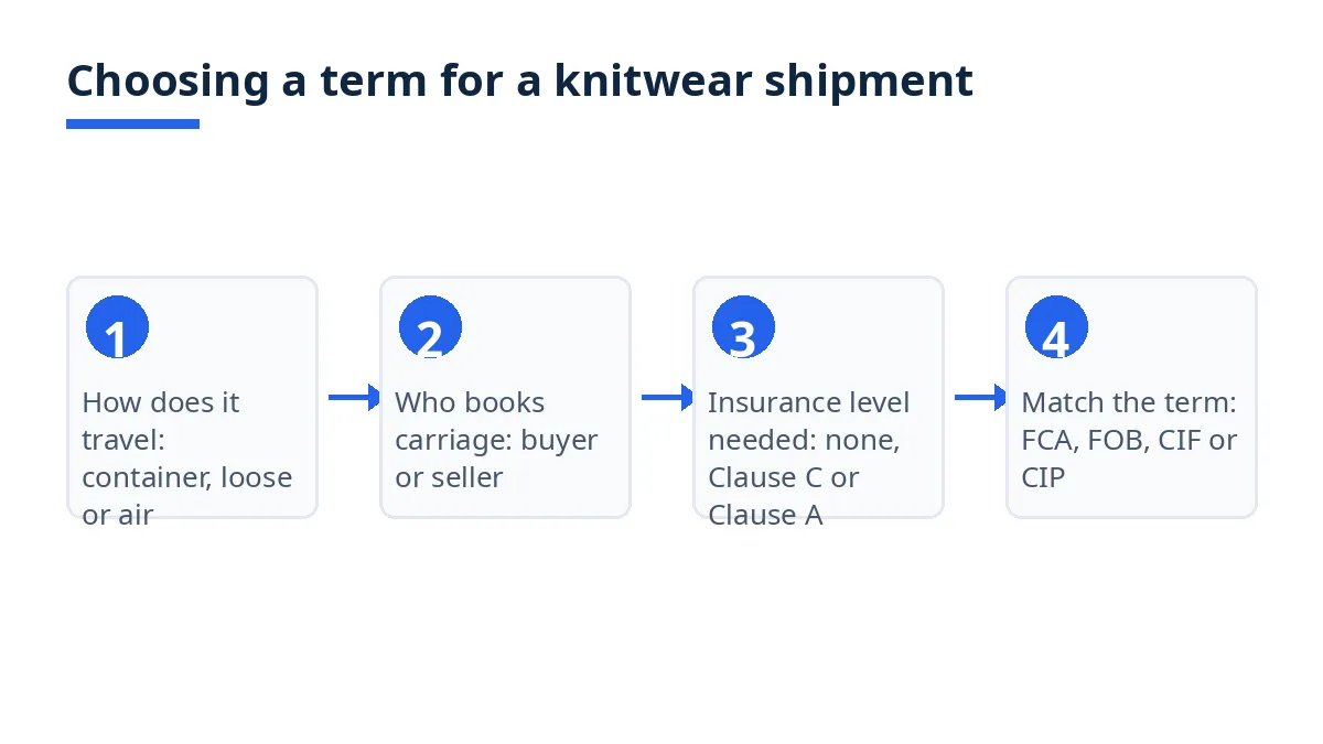 Diagram: decision flow from shipment type and freight control to FCA, FOB, CIF or CIP