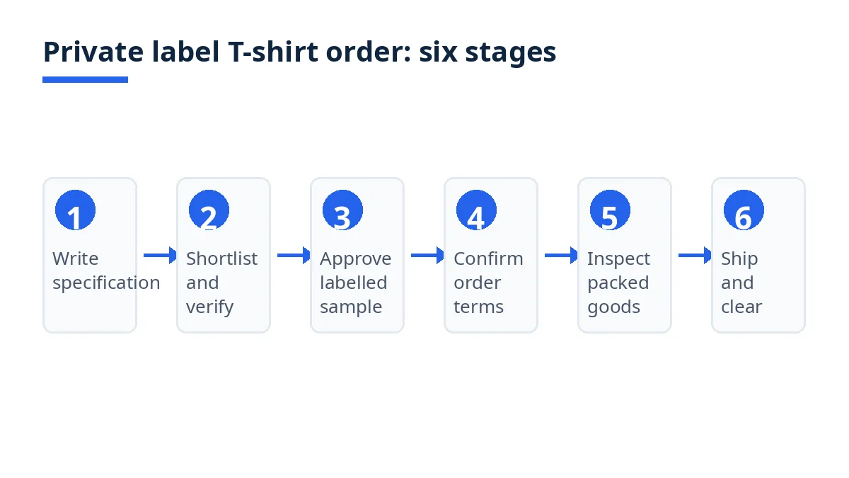 Diagram: six stages of a private label T-shirt order, from specification to shipment