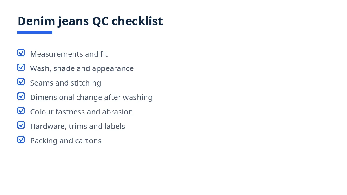Diagram of the denim jeans QC checklist with seven blocks, from measurements and fit to packing and cartons