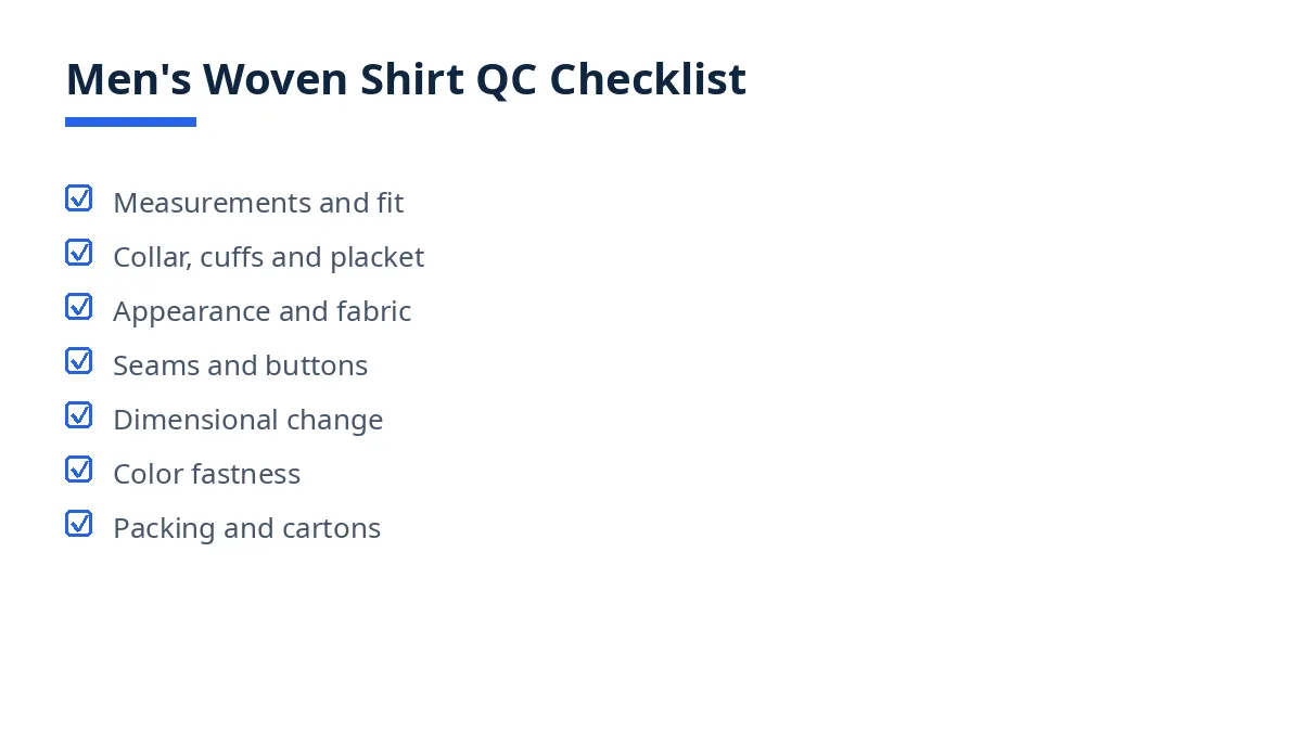 Diagram of the men's woven shirt QC checklist with seven blocks, from measurements to packing and cartons