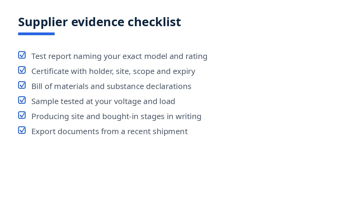 Checklist diagram of supplier evidence to request before paying a deposit