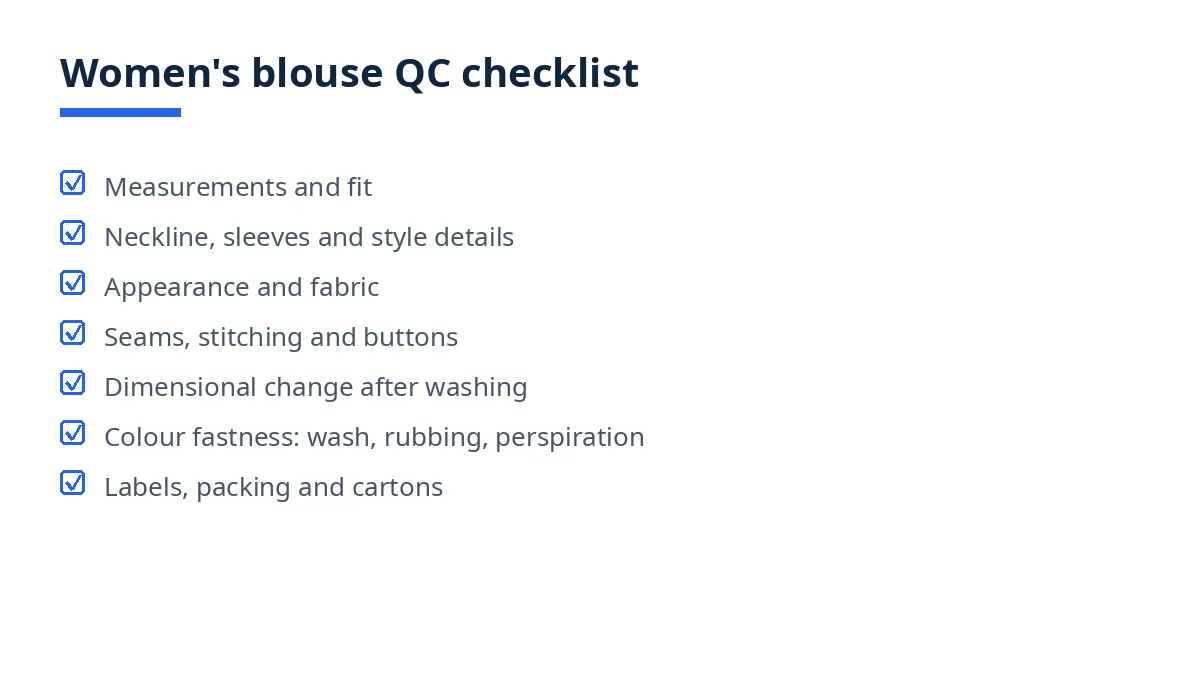 Diagram of the women's blouse QC checklist with seven blocks, from measurements to packing and cartons
