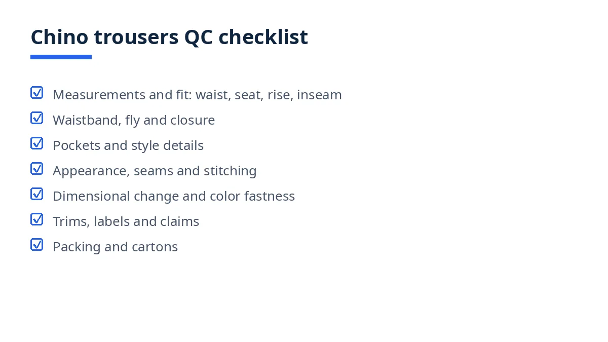 Diagram of the chino trousers QC checklist with seven blocks, from measurements to packing and cartons