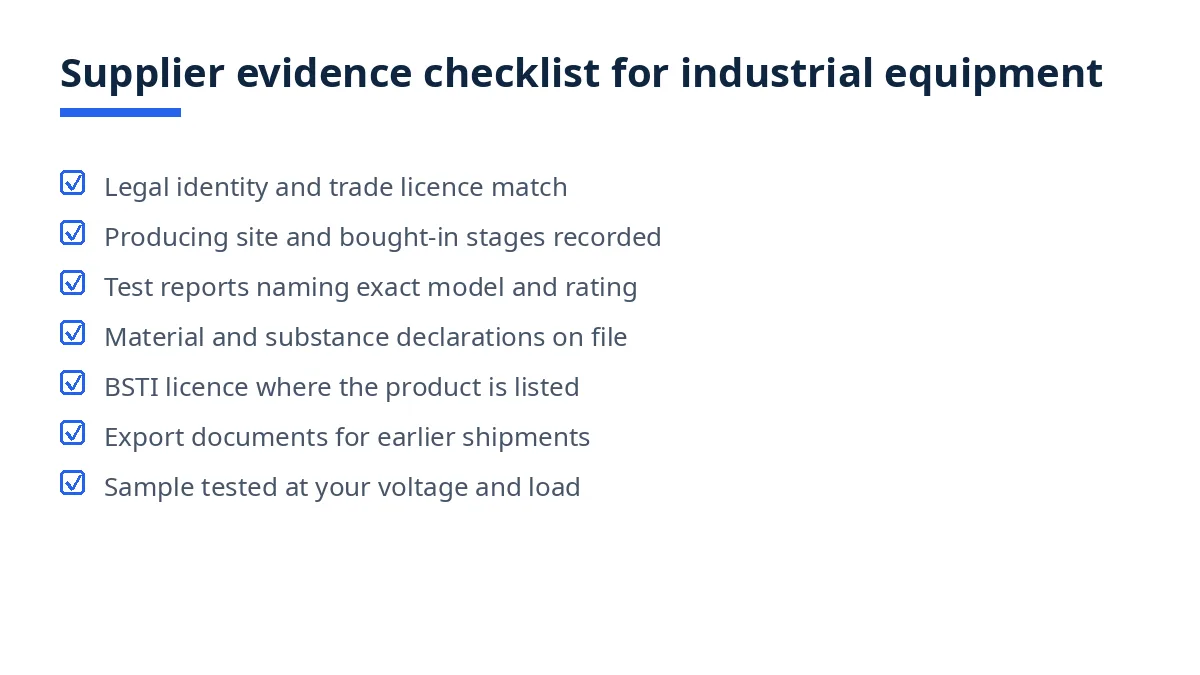 Checklist diagram of supplier evidence to request before paying a deposit