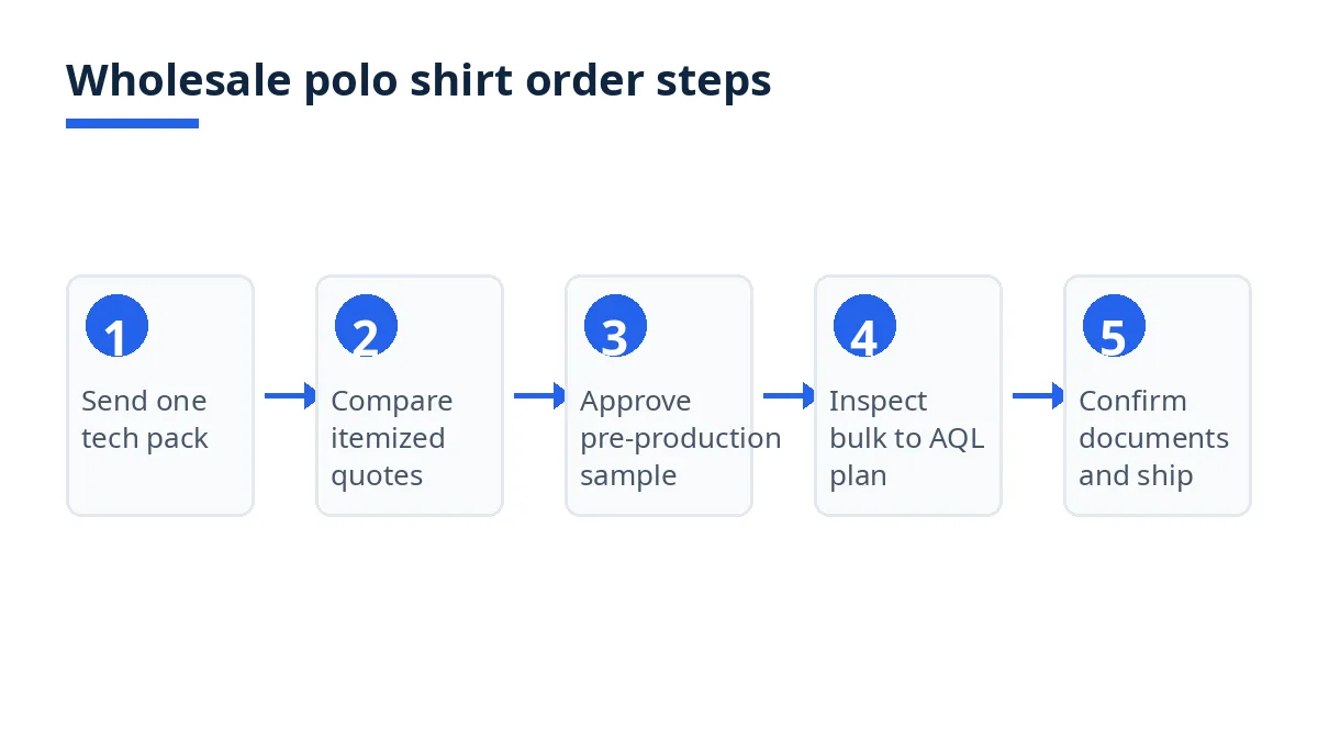 Diagram: five wholesale polo shirt order steps from tech pack to shipment