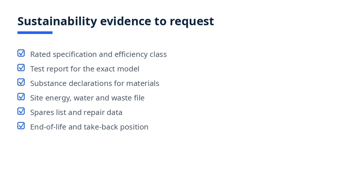 Diagram: sustainability evidence to request when sourcing industrial equipment from Bangladesh
