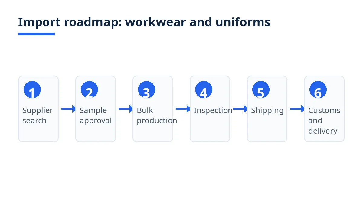 Import roadmap diagram with six stages from supplier search to warehouse delivery