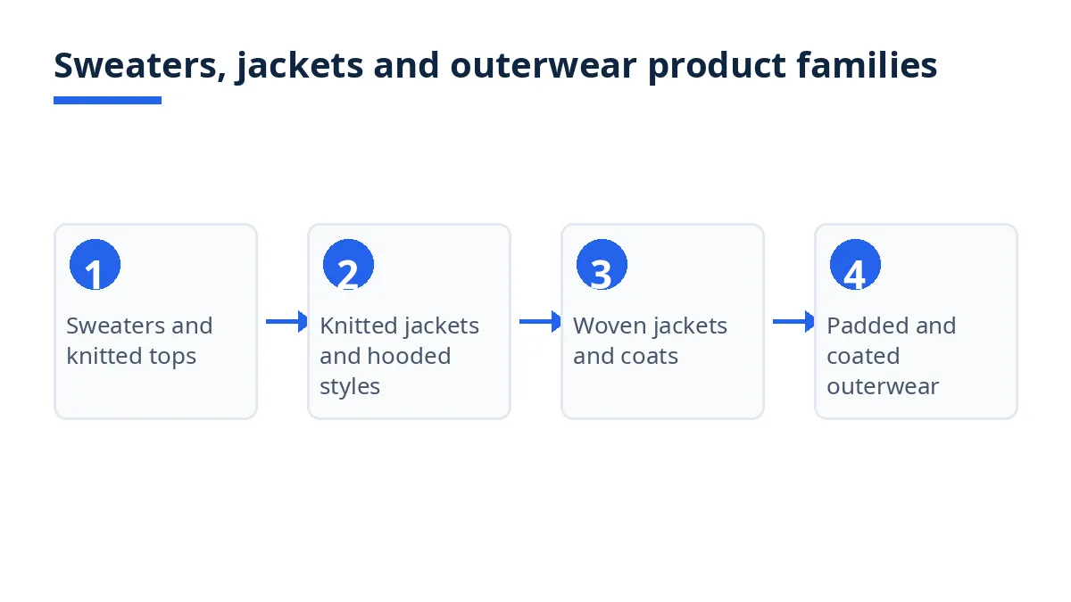 Diagram: product families in Bangladesh sweaters, jackets and outerwear sourcing